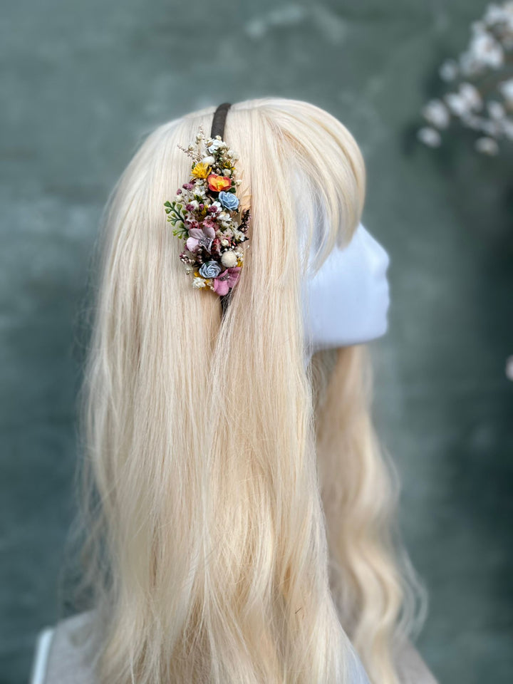 Colorful Wildflower Headband with Blue Rose, Cherry Flowers and Dried Botanicals