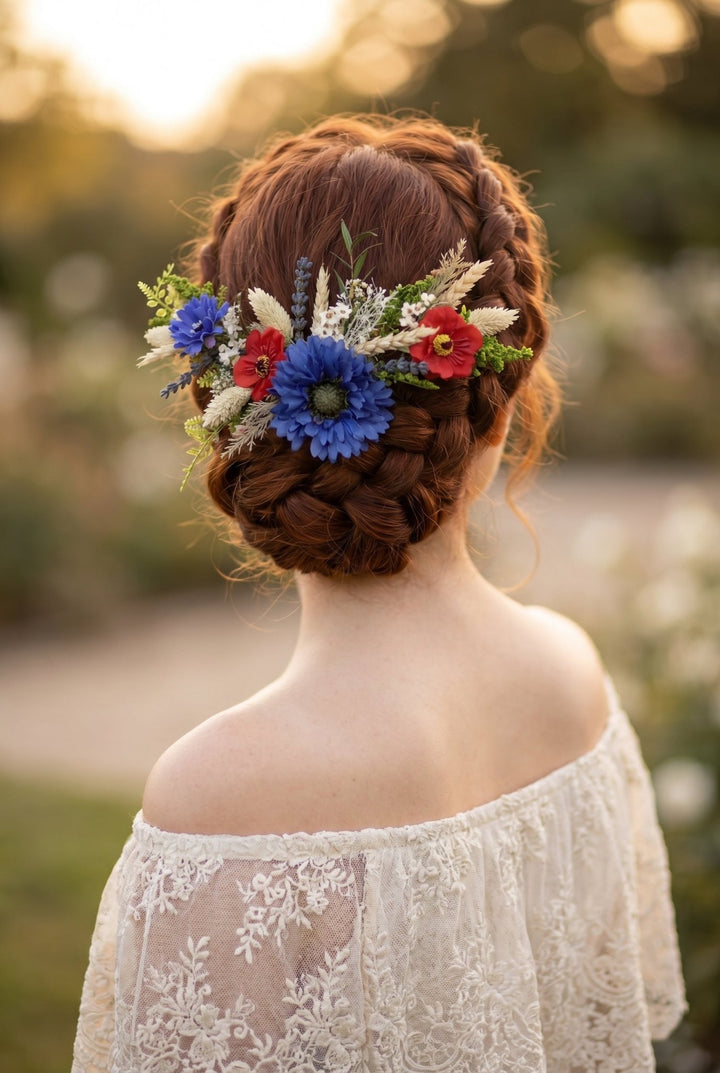 Meadow Wedding Hair Vine – Poppy & Cornflower Bridal Hair Comb – handmade floral hair accessory by magaela