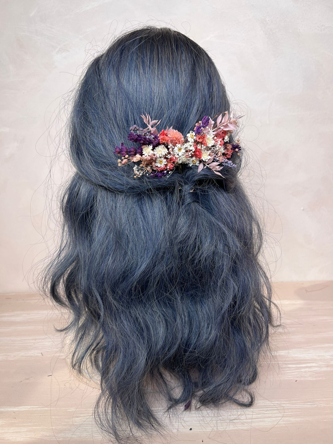 Dried Flower Bridal Hair Comb with Preserved Botanicals in Purple, Pink and White