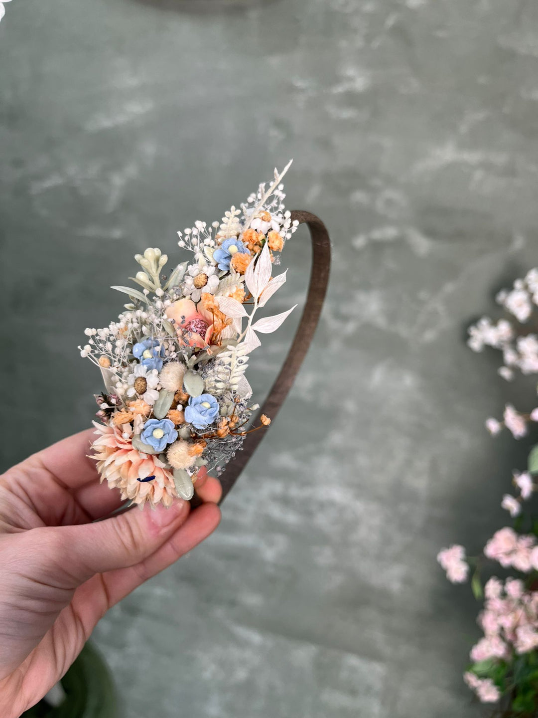 Floral Side Headband with Flowers in Pastel Blue and Blush Peach