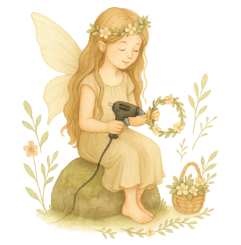 Illustration of a fairy sitting on a rock with a wreath and glue gun, surrounded by flowers and leaves.
