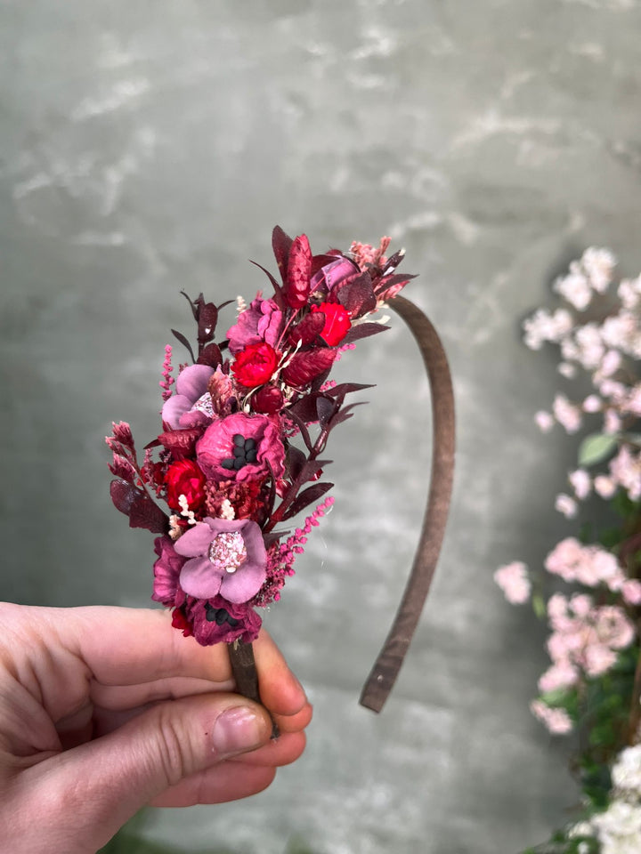 Burgundy Violet Floral Headband with Poppies, Glixia and Dried Grasses