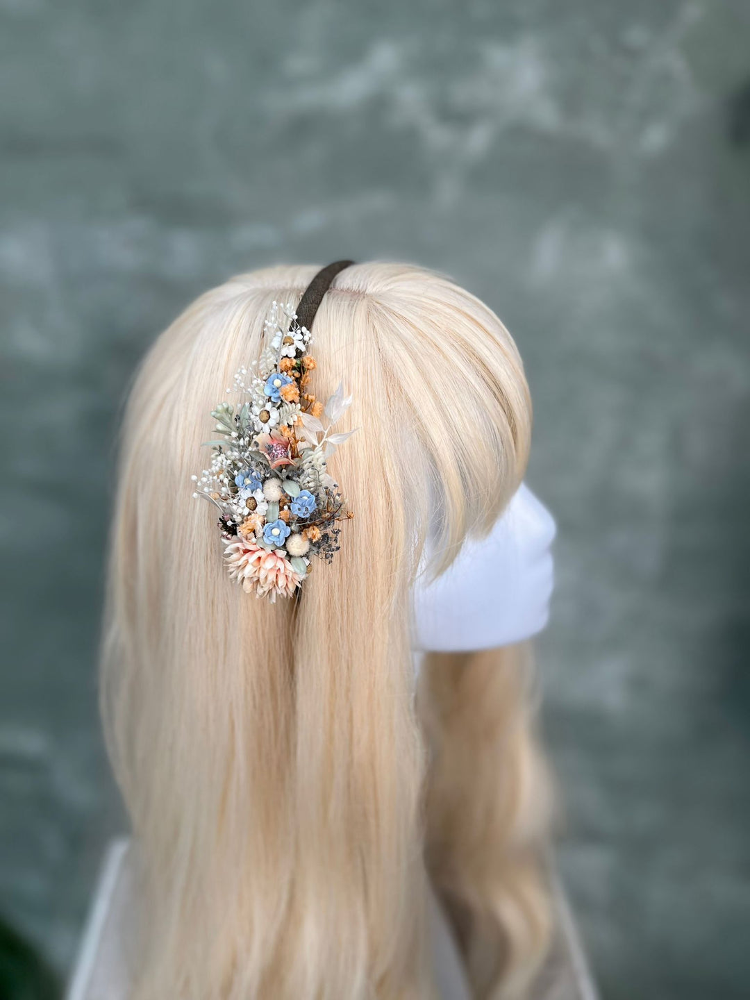 Floral Side Headband with Flowers in Pastel Blue and Blush Peach