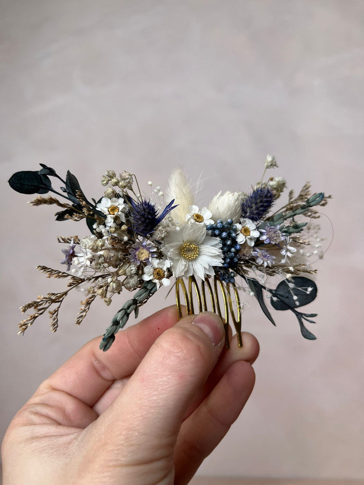 Dried Flower Bridal Hair Comb with Daisies, Thistles and Eucalyptus in Blue, White and Green
