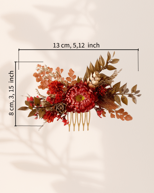 Dried Flower Bridal Hair Comb with Red Strawflower and Pine Cone | Fall Wedding – handmade floral hair accessory by magaela