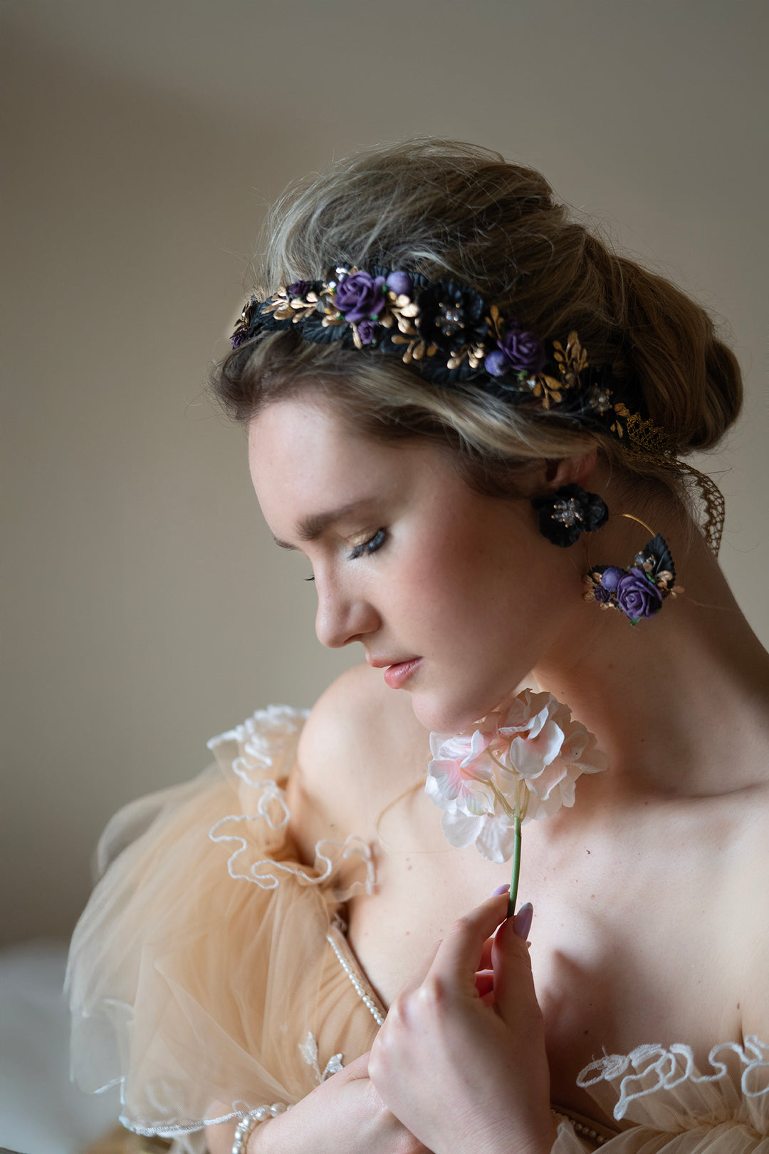 Purple & Gold Flower Earrings: Gothic Bridal Jewelry, 6cm Circle – handmade floral hair accessory by magaela