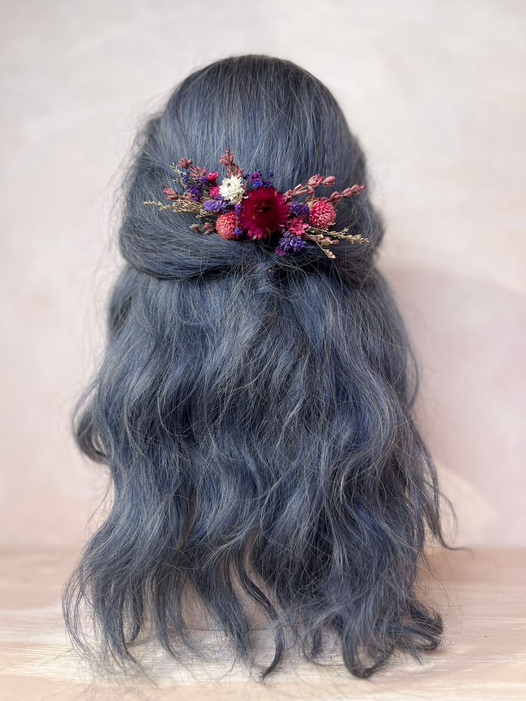 Dried Flower Hair Comb with Statice, Lavander and Chrysanthemums – handmade floral hair accessory by magaela