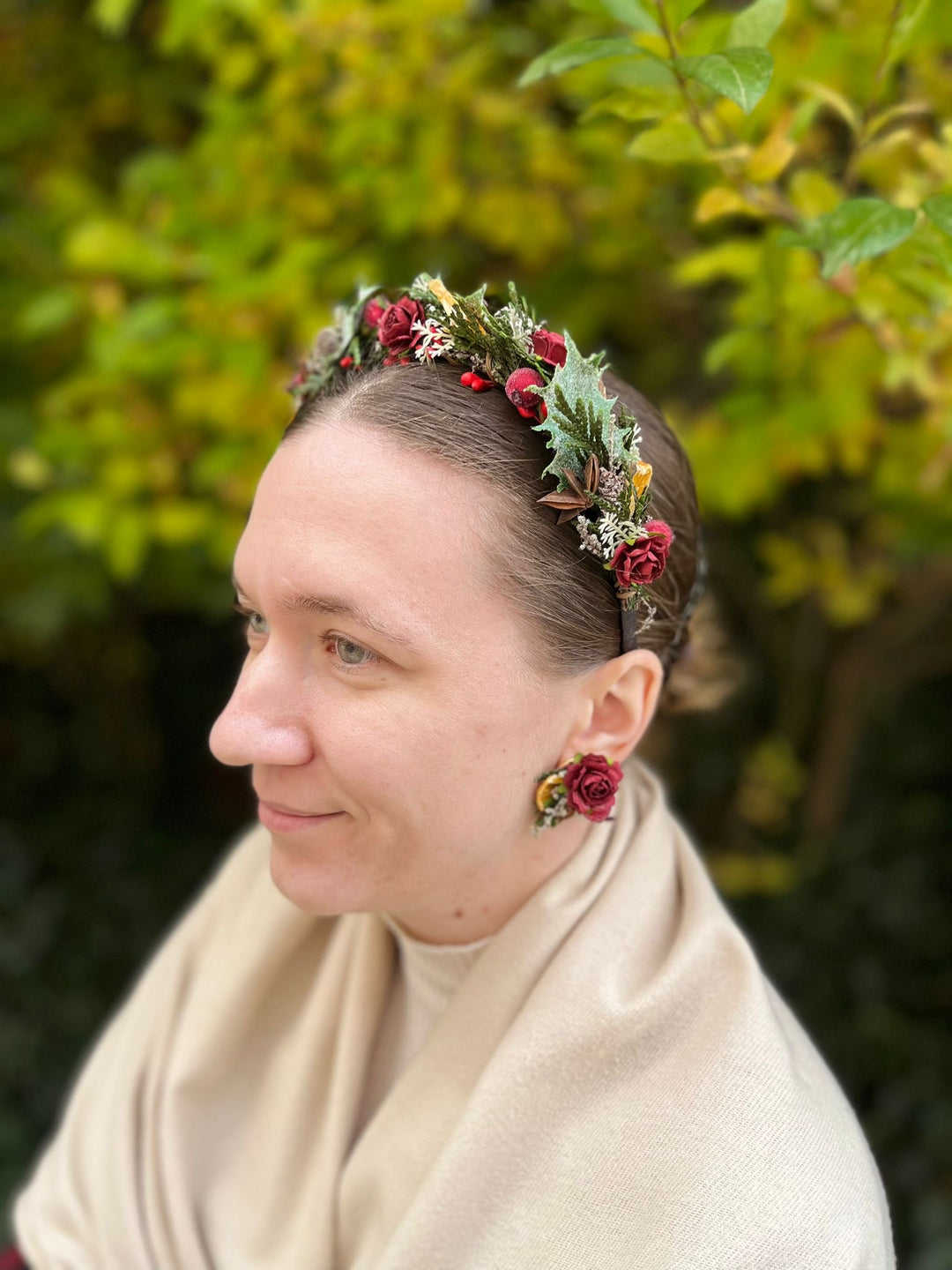 Winter Orange Christmas Accessories – Earrings, Headbands, Brooch & Glass Decorations – handmade floral hair accessory by magaela