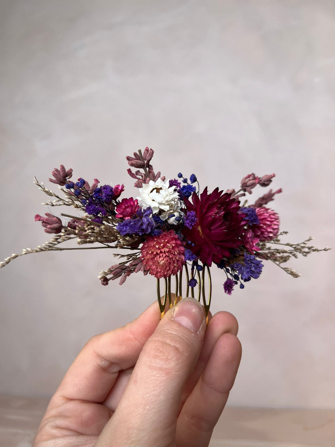 Dried Flower Hair Comb with Statice, Lavander and Chrysanthemums – handmade floral hair accessory by magaela