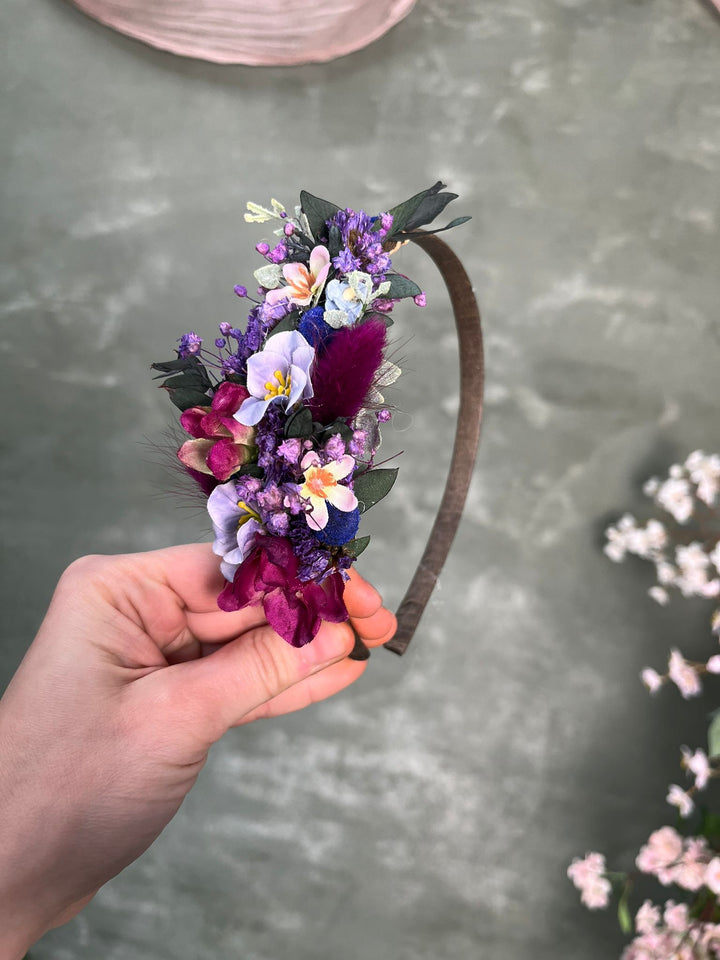 Floral Side Headband with Wildflowers in Deep Purple and Burgundy