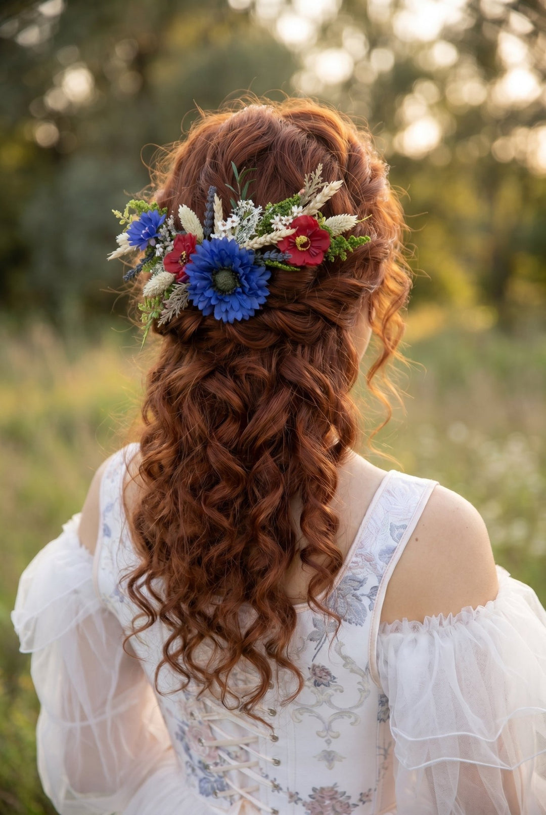 Meadow Wedding Hair Vine – Poppy & Cornflower Bridal Hair Comb – handmade floral hair accessory by magaela