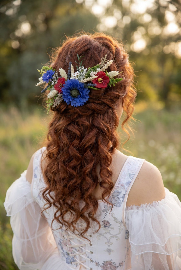 Meadow Wedding Hair Vine – Poppy & Cornflower Bridal Hair Comb – handmade floral hair accessory by magaela