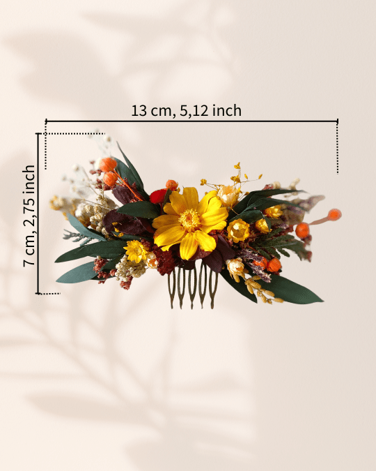 Dried Flower Hair Comb | Yellow, Burgundy and Orange with Eucalyptus – handmade floral hair accessory by magaela