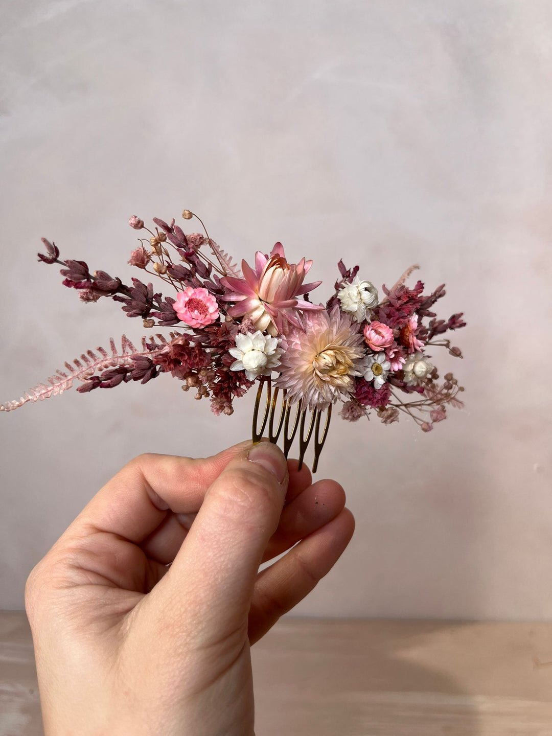 Pink Dried Flower Hair Comb | Helichrysum, Ixodia and Lavender