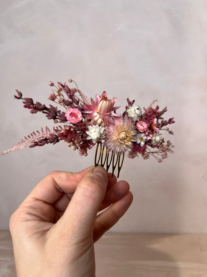 Pink Dried Flower Hair Comb | Helichrysum, Ixodia and Lavender