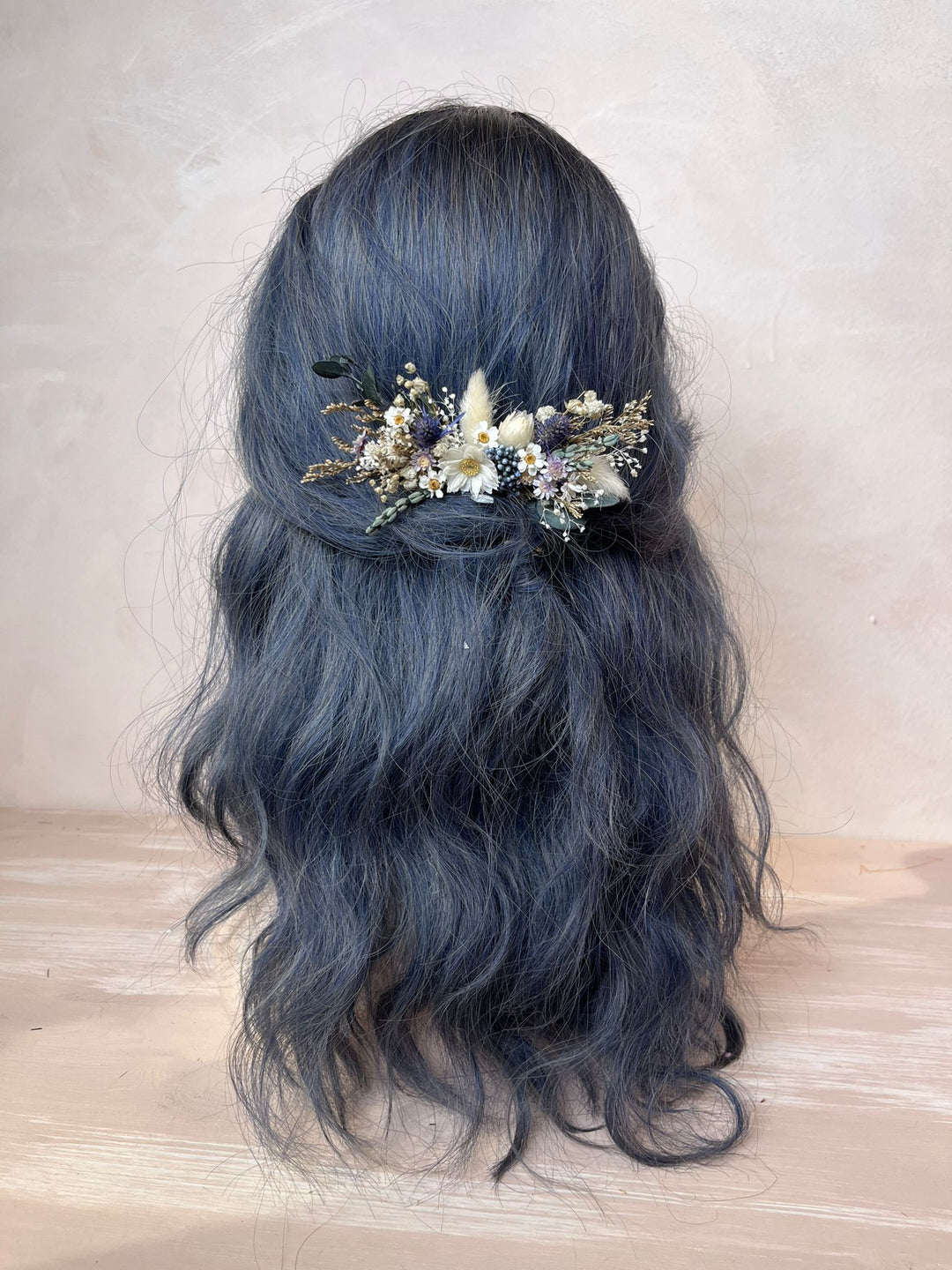 Dried Flower Bridal Hair Comb with Daisies, Thistles and Eucalyptus in Blue, White and Green