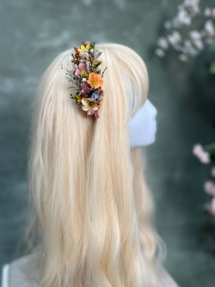 Wildflower Side Hair Headband with Orange Flowers, Ixodia and Gypsophila – handmade floral hair accessory by magaela