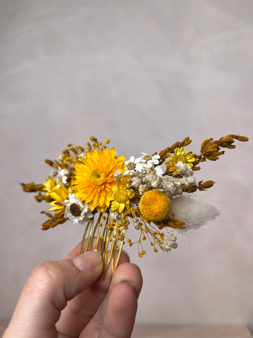 Dried Flower Bridal Hair Comb with Yellow Dried Flowers,Bunny Tails, Billy Buttons and Gypsophila in Yellow and White