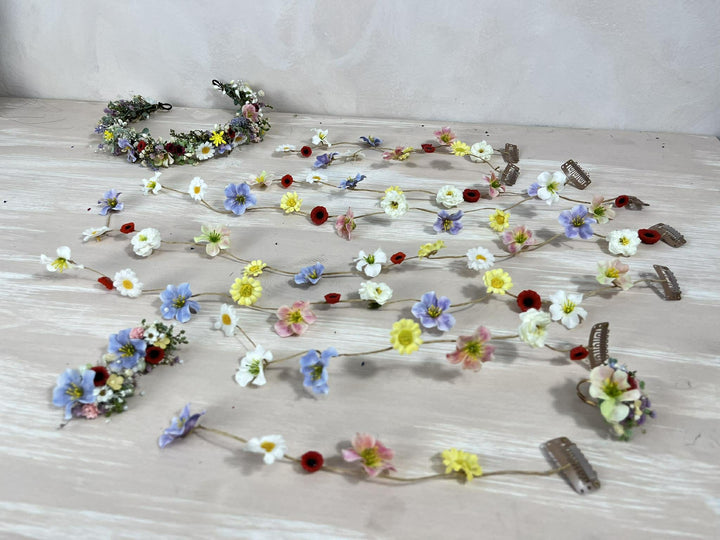 Meadow Floral Wedding Hair Wreath and Comb with Flower Veil: Boho Bridal Headpiece with Hanging Clips – handmade floral hair accessory by magaela