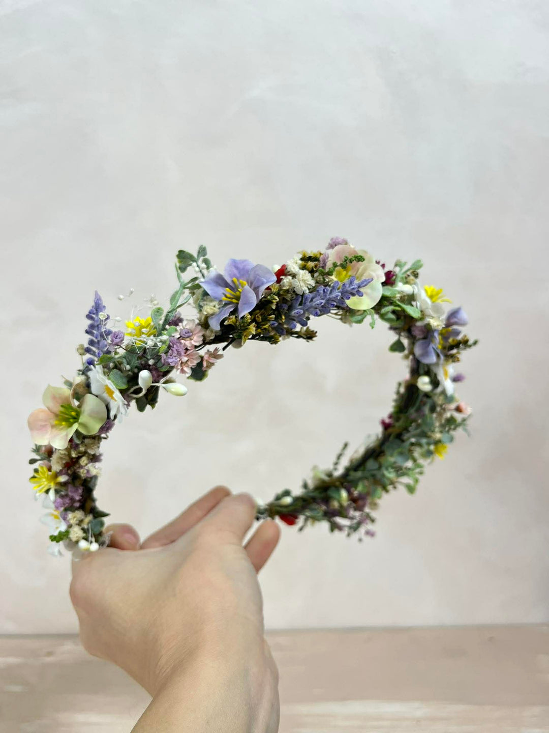 Meadow Floral Wedding Hair Wreath and Comb with Flower Veil: Boho Bridal Headpiece with Hanging Clips – handmade floral hair accessory by magaela