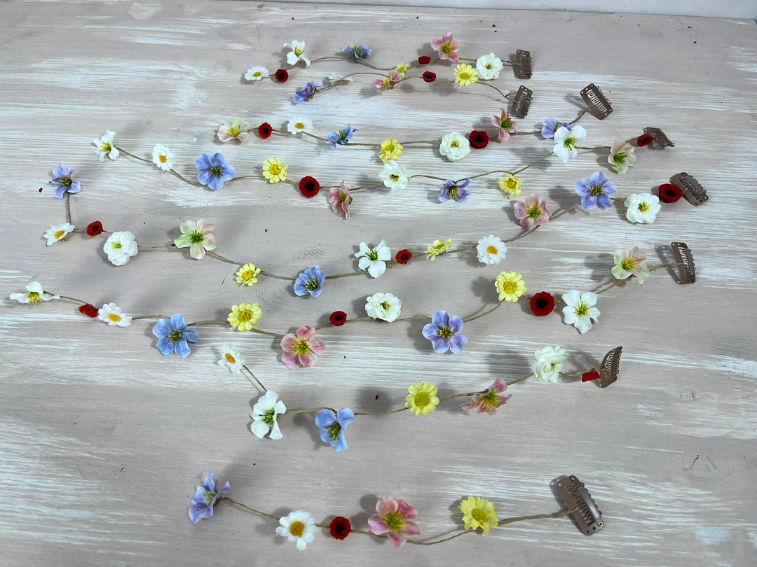 Meadow Floral Wedding Hair Wreath and Comb with Flower Veil: Boho Bridal Headpiece with Hanging Clips – handmade floral hair accessory by magaela