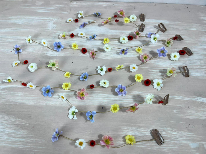 Meadow Floral Wedding Hair Wreath and Comb with Flower Veil: Boho Bridal Headpiece with Hanging Clips – handmade floral hair accessory by magaela