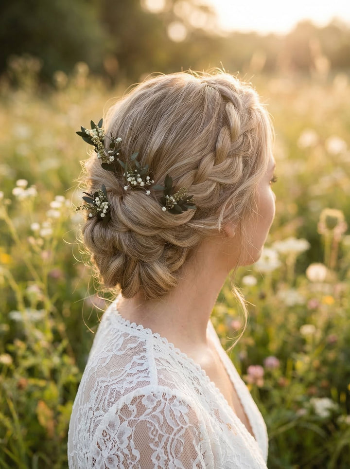 Eucalyptus Baby's Breath Hair Pins: Greenery Wedding Headpiece – handmade floral hair accessory by magaela