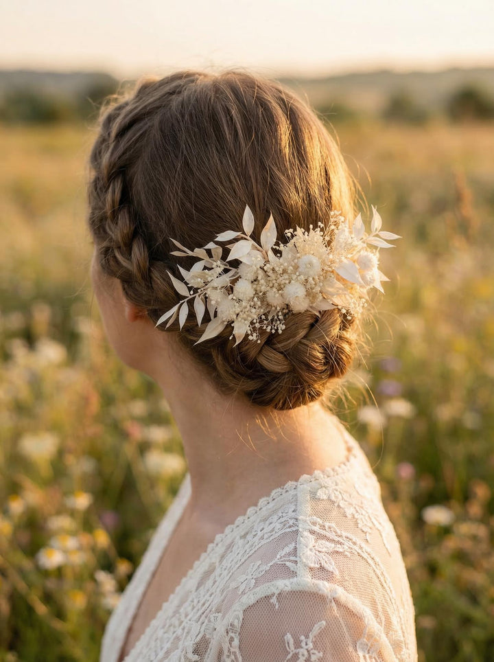 Ivory Flower Wedding Hair Comb - Beige Ruscus, Rustic Bridal Headpiece – handmade floral hair accessory by magaela