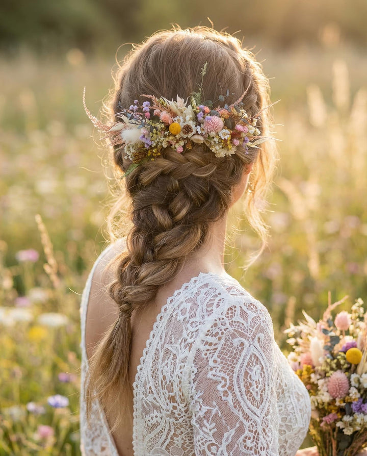 Wildflower Hair Comb: Rustic Bridal Accessory with Preserved Flowers – handmade floral hair accessory by magaela