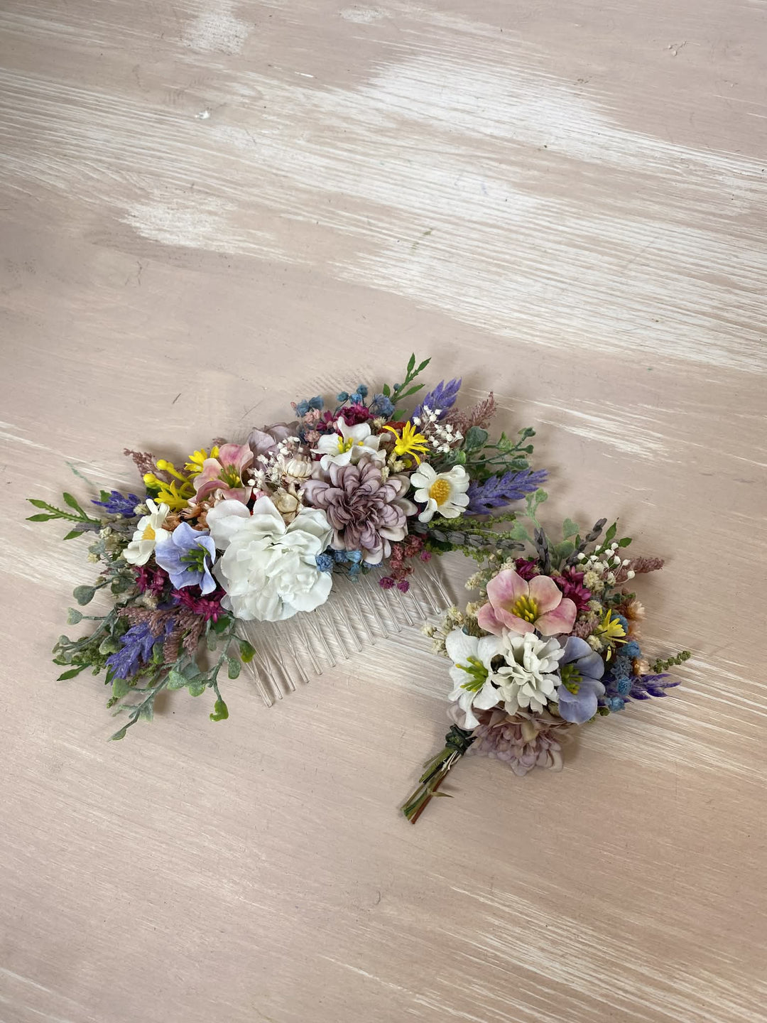 Meadow Floral Wedding Hair Wreath and Comb with Flower Veil: Boho Bridal Headpiece with Hanging Clips – handmade floral hair accessory by magaela