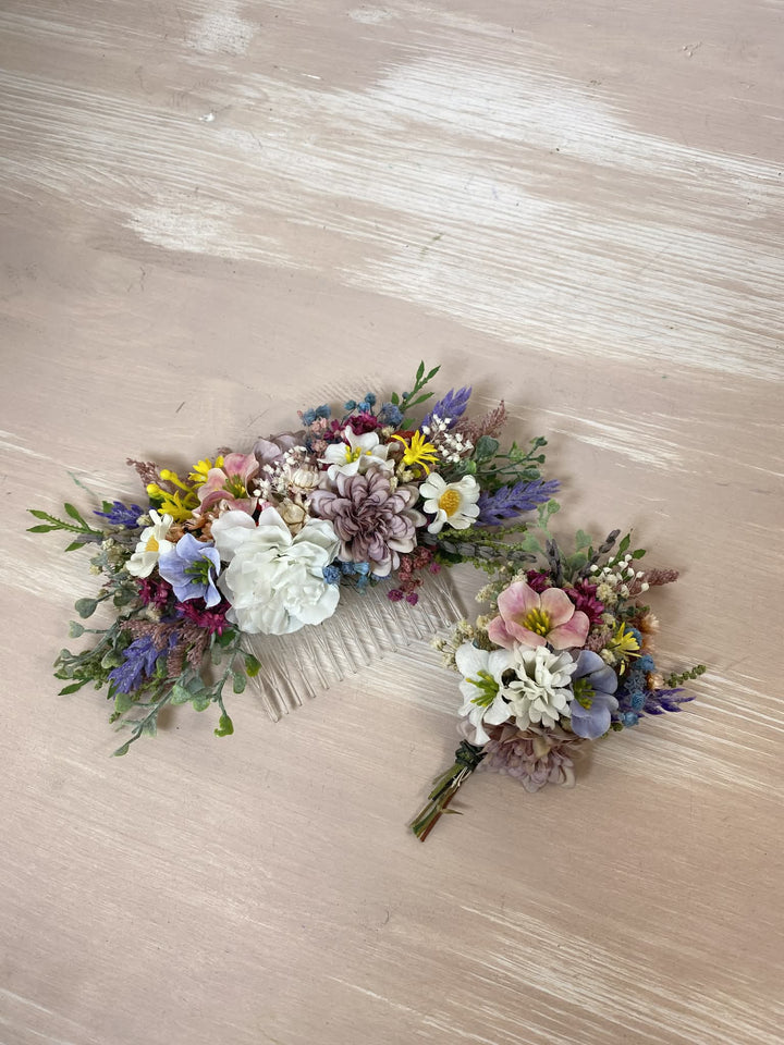Meadow Floral Wedding Hair Wreath and Comb with Flower Veil: Boho Bridal Headpiece with Hanging Clips – handmade floral hair accessory by magaela