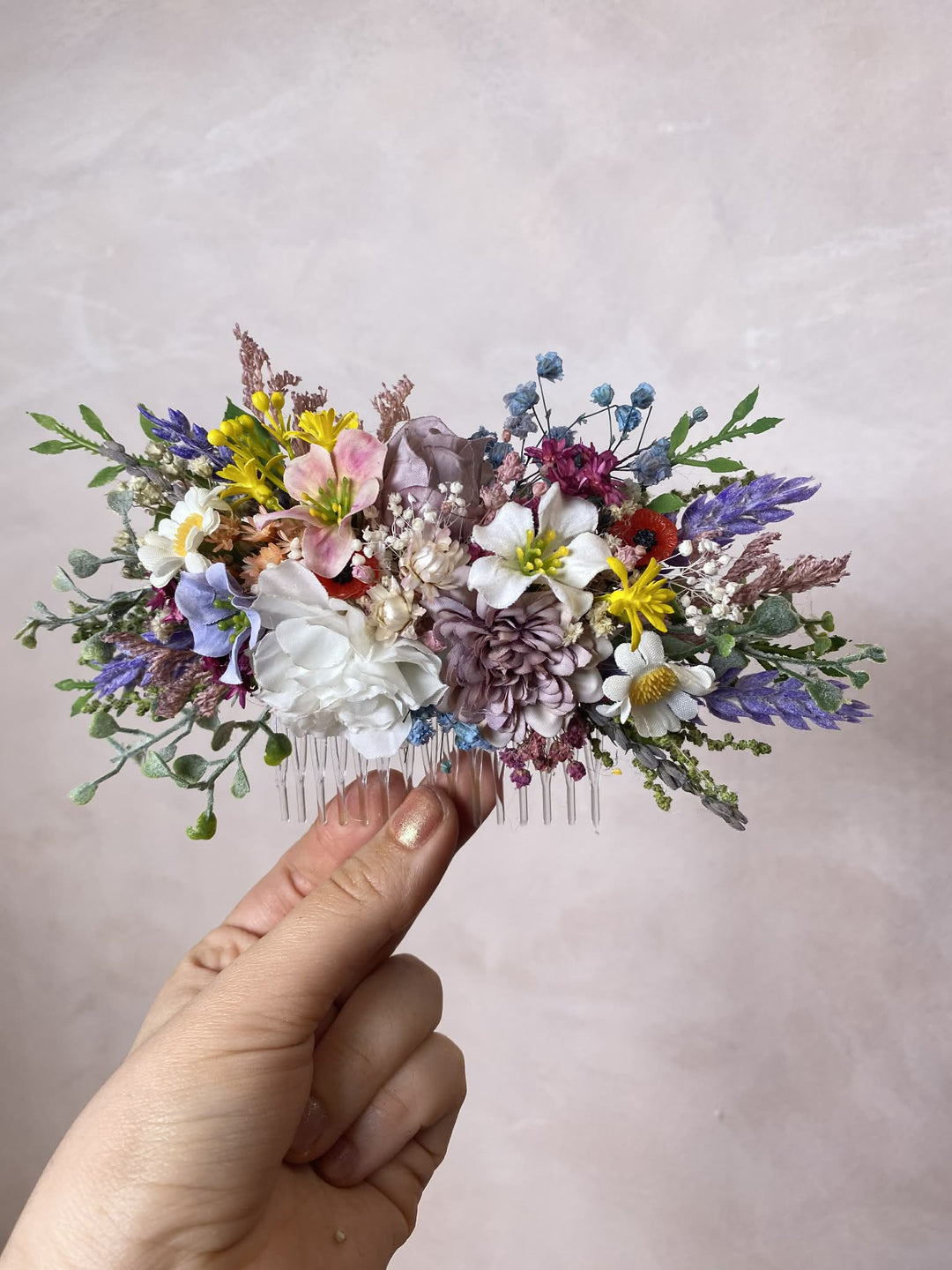 Meadow Floral Wedding Hair Wreath and Comb with Flower Veil: Boho Bridal Headpiece with Hanging Clips – handmade floral hair accessory by magaela