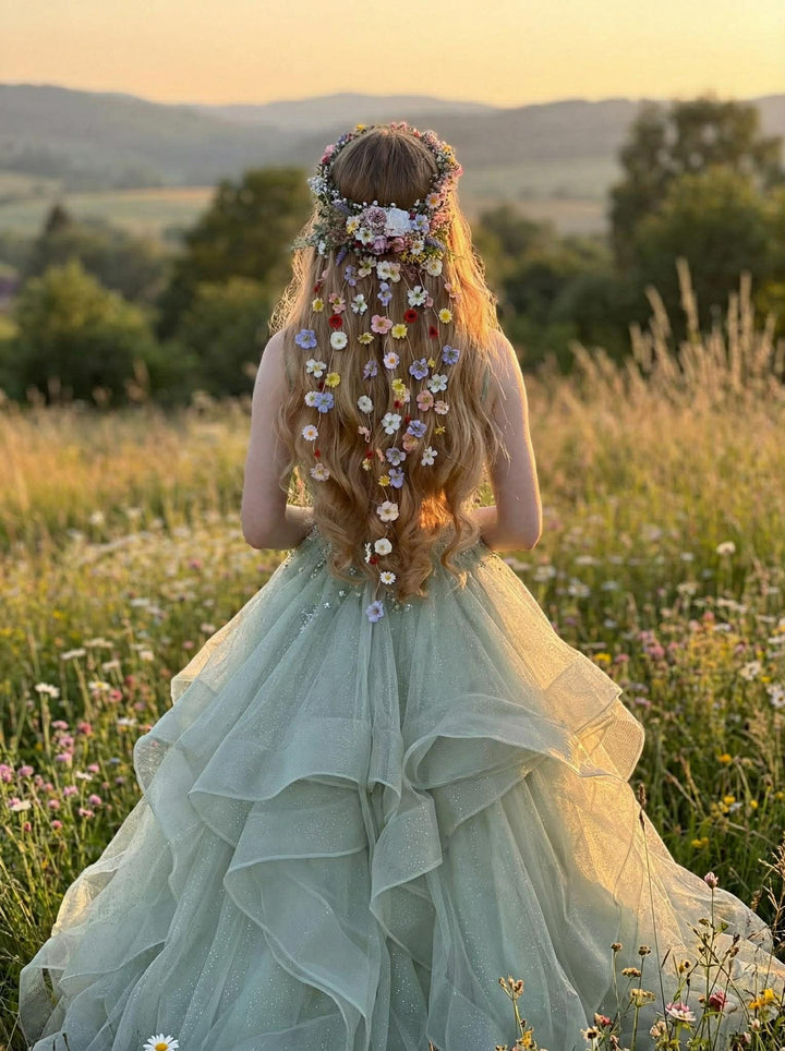 Meadow Floral Wedding Hair Wreath and Comb with Flower Veil: Boho Bridal Headpiece with Hanging Clips – handmade floral hair accessory by magaela