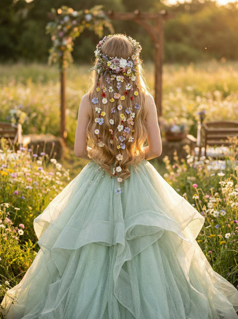 Meadow Floral Wedding Hair Wreath and Comb with Flower Veil: Boho Bridal Headpiece with Hanging Clips – handmade floral hair accessory by magaela
