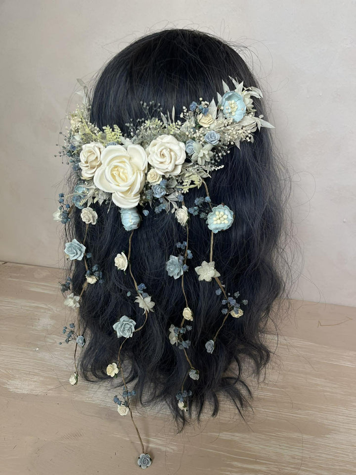 Dusty Blue & Cream Waterfall Hair Vine – Jesse | Romantic Bridal Floral Veil – handmade floral hair accessory by magaela