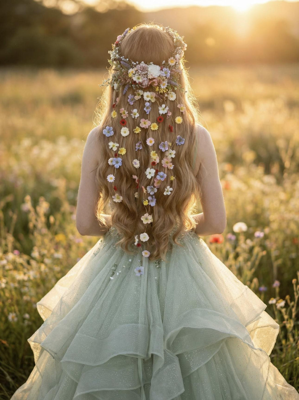 Meadow Floral Wedding Hair Wreath and Comb with Flower Veil: Boho Bridal Headpiece with Hanging Clips – handmade floral hair accessory by magaela