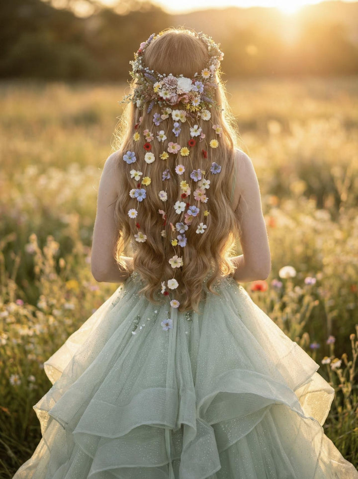 Meadow Floral Wedding Hair Wreath and Comb with Flower Veil: Boho Bridal Headpiece with Hanging Clips – handmade floral hair accessory by magaela