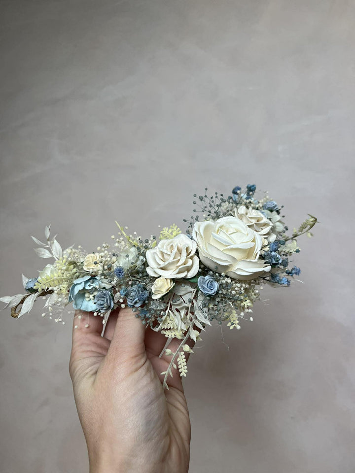Dusty Blue & Cream Waterfall Hair Vine – Jesse | Romantic Bridal Floral Veil – handmade floral hair accessory by magaela