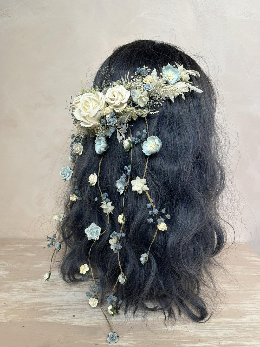 Dusty Blue & Cream Waterfall Hair Vine – Jesse | Romantic Bridal Floral Veil – handmade floral hair accessory by magaela