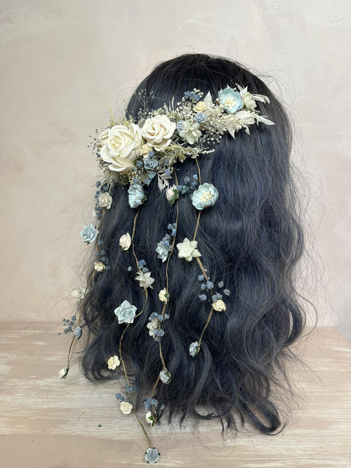 Dusty Blue & Cream Waterfall Hair Vine – Jesse | Romantic Bridal Floral Veil – handmade floral hair accessory by magaela