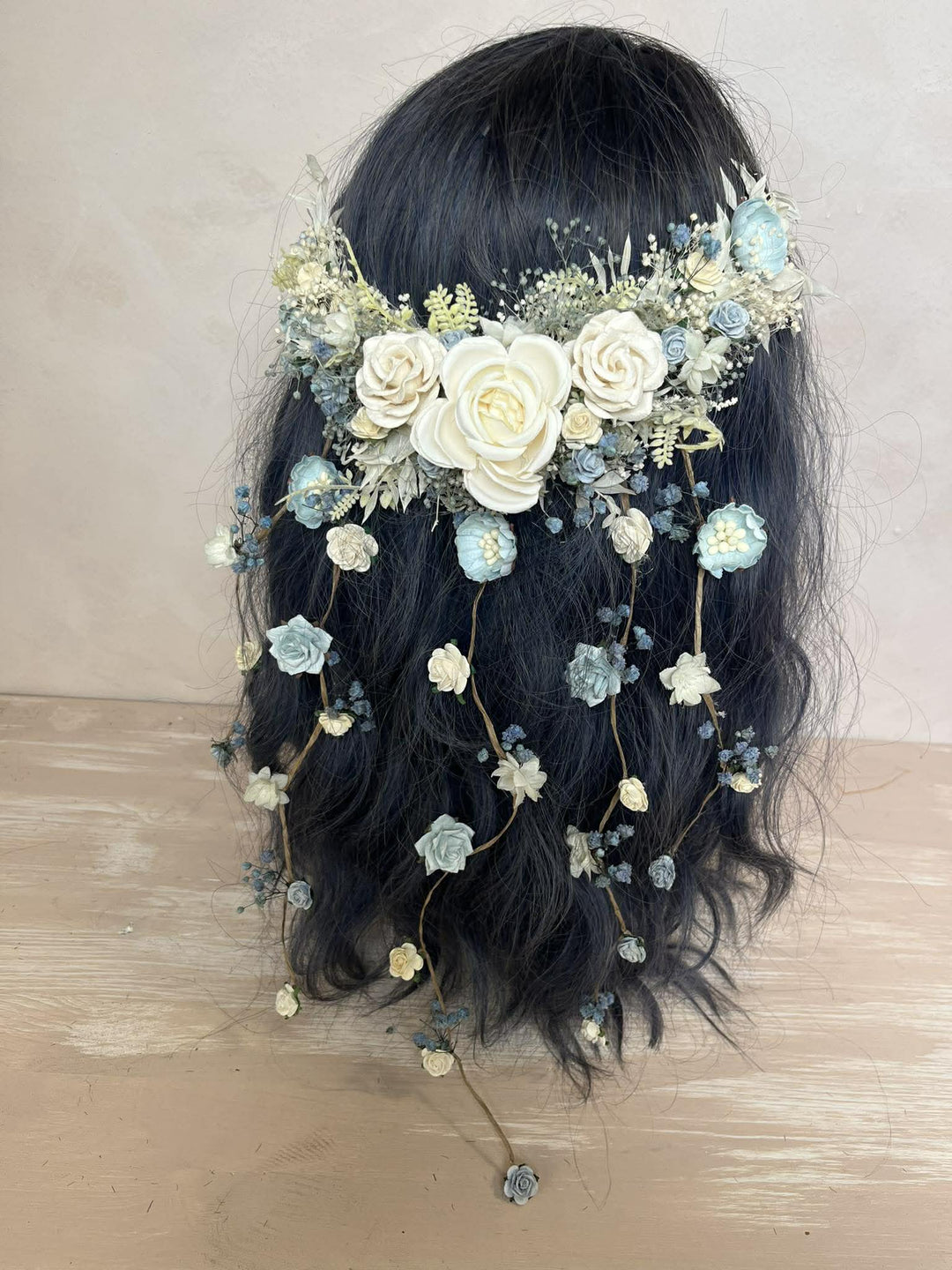 Dusty Blue & Cream Waterfall Hair Vine – Jesse | Romantic Bridal Floral Veil – handmade floral hair accessory by magaela