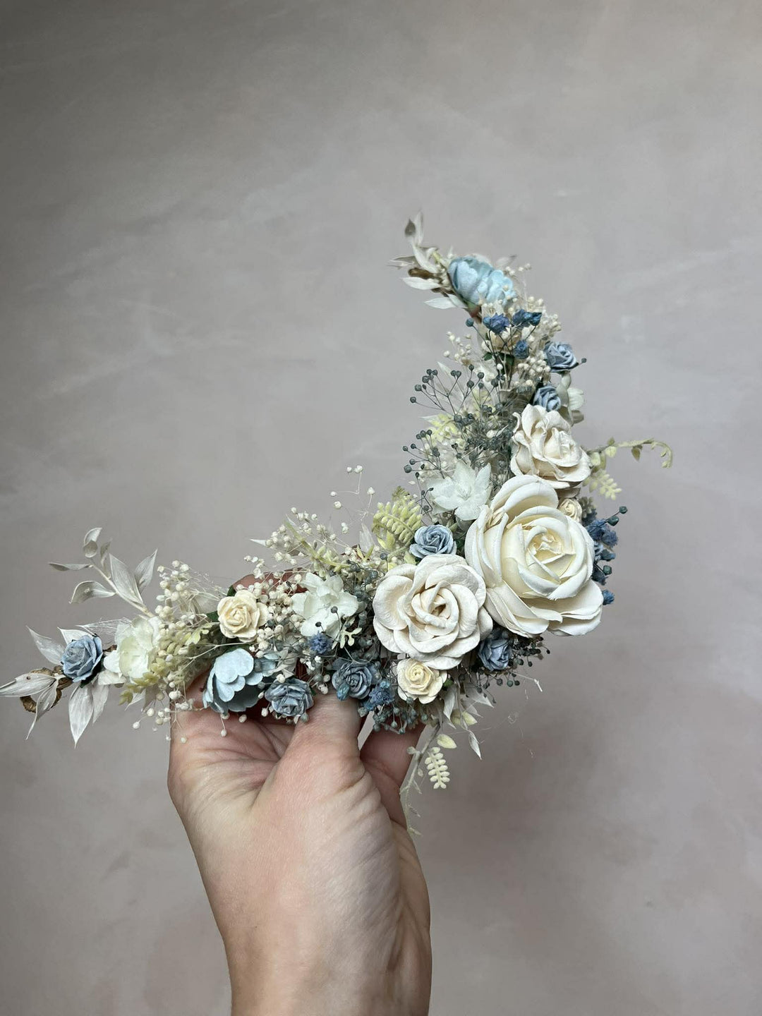 Dusty Blue & Cream Waterfall Hair Vine – Jesse | Romantic Bridal Floral Veil – handmade floral hair accessory by magaela
