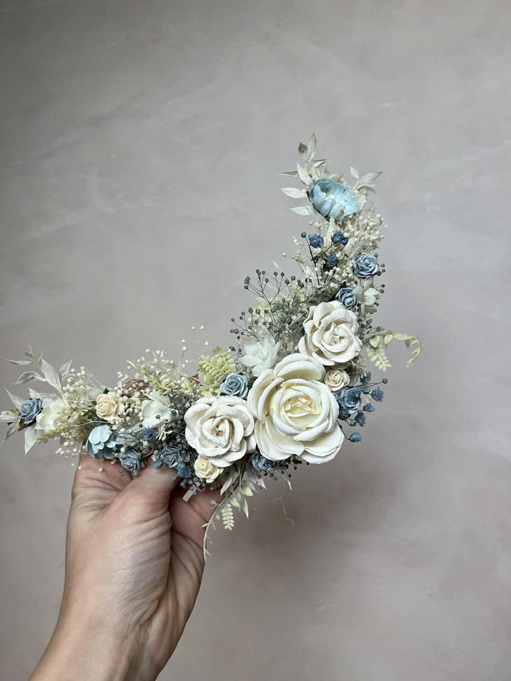 Dusty Blue & Cream Waterfall Hair Vine – Jesse | Romantic Bridal Floral Veil – handmade floral hair accessory by magaela