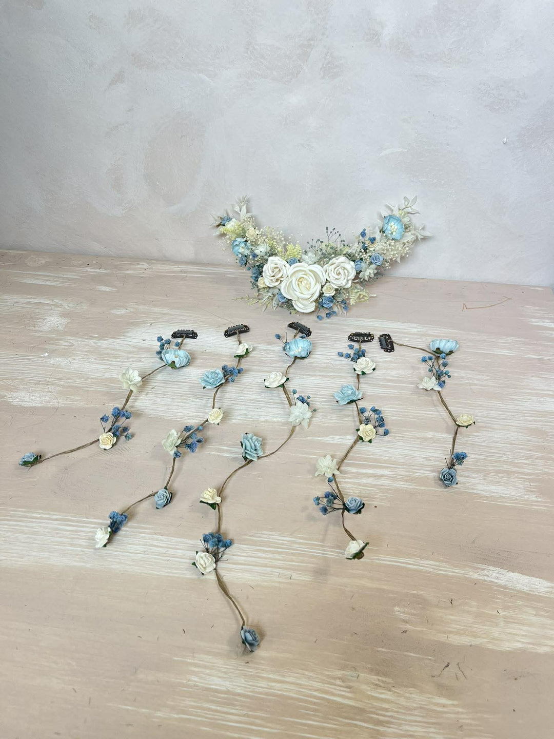Dusty Blue & Cream Waterfall Hair Vine – Jesse | Romantic Bridal Floral Veil – handmade floral hair accessory by magaela