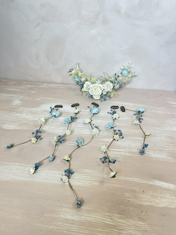 Dusty Blue & Cream Waterfall Hair Vine – Jesse | Romantic Bridal Floral Veil – handmade floral hair accessory by magaela