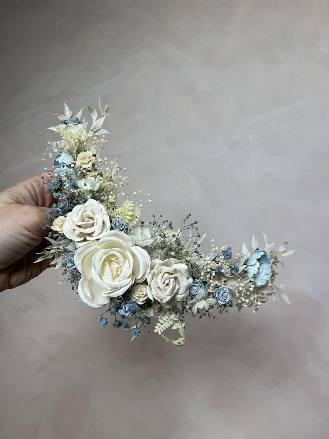 Dusty Blue & Cream Waterfall Hair Vine – Jesse | Romantic Bridal Floral Veil – handmade floral hair accessory by magaela