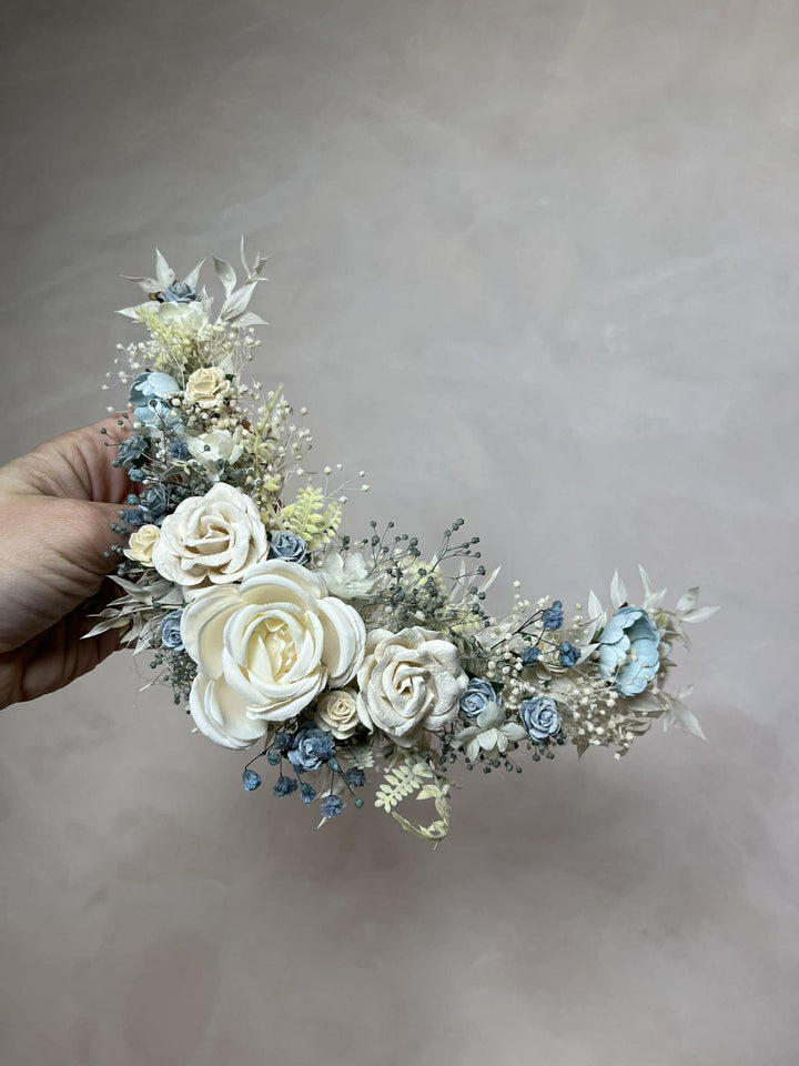 Dusty Blue & Cream Waterfall Hair Vine – Jesse | Romantic Bridal Floral Veil – handmade floral hair accessory by magaela