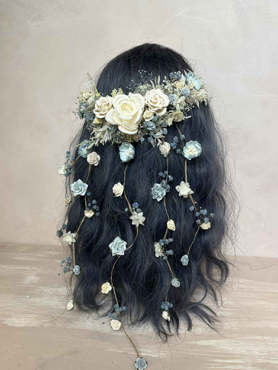Dusty Blue & Cream Waterfall Hair Vine – Jesse | Romantic Bridal Floral Veil – handmade floral hair accessory by magaela