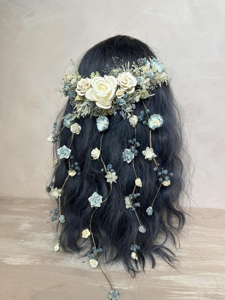Dusty Blue & Cream Waterfall Hair Vine – Jesse | Romantic Bridal Floral Veil – handmade floral hair accessory by magaela