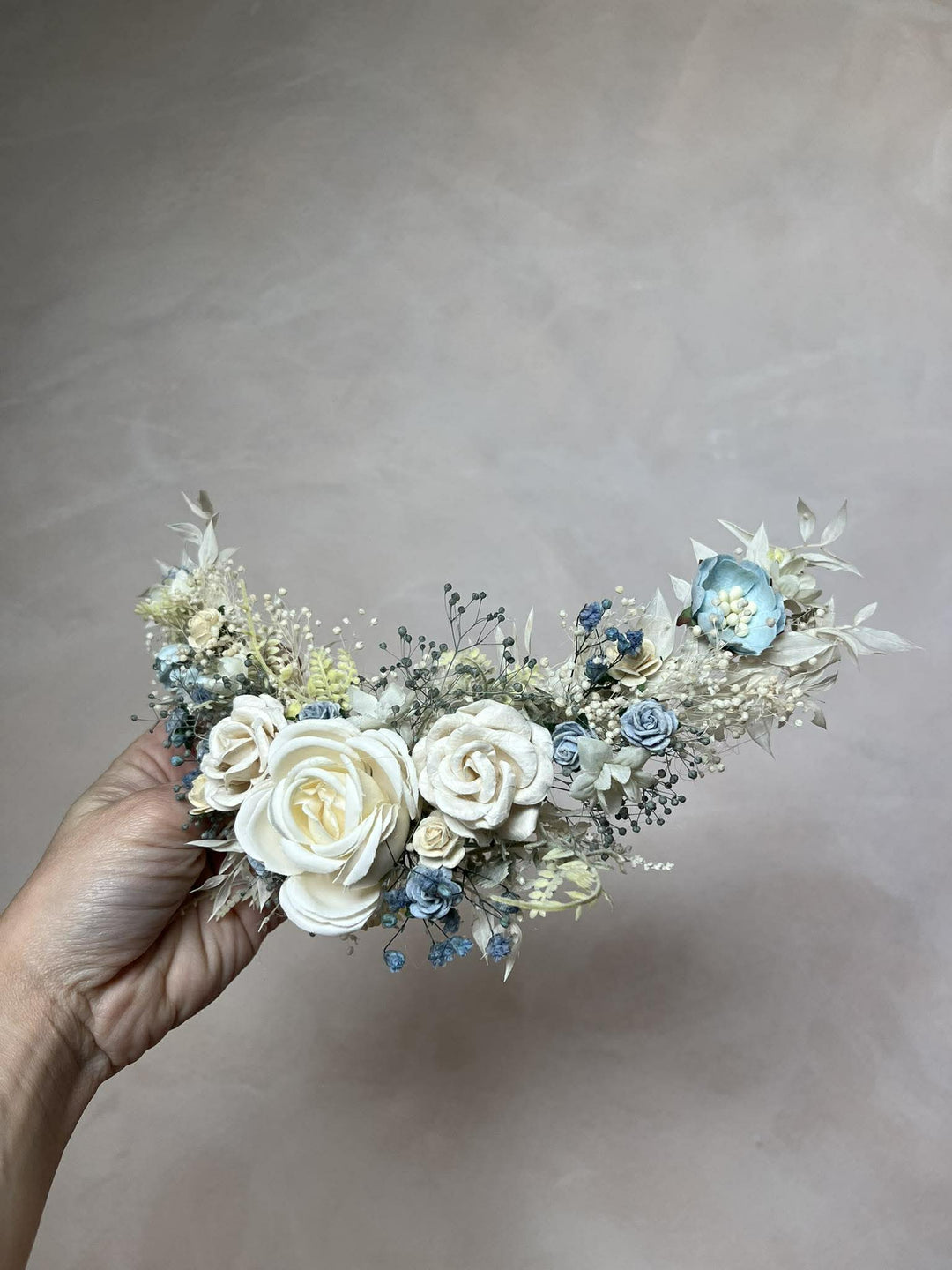 Dusty Blue & Cream Waterfall Hair Vine – Jesse | Romantic Bridal Floral Veil – handmade floral hair accessory by magaela
